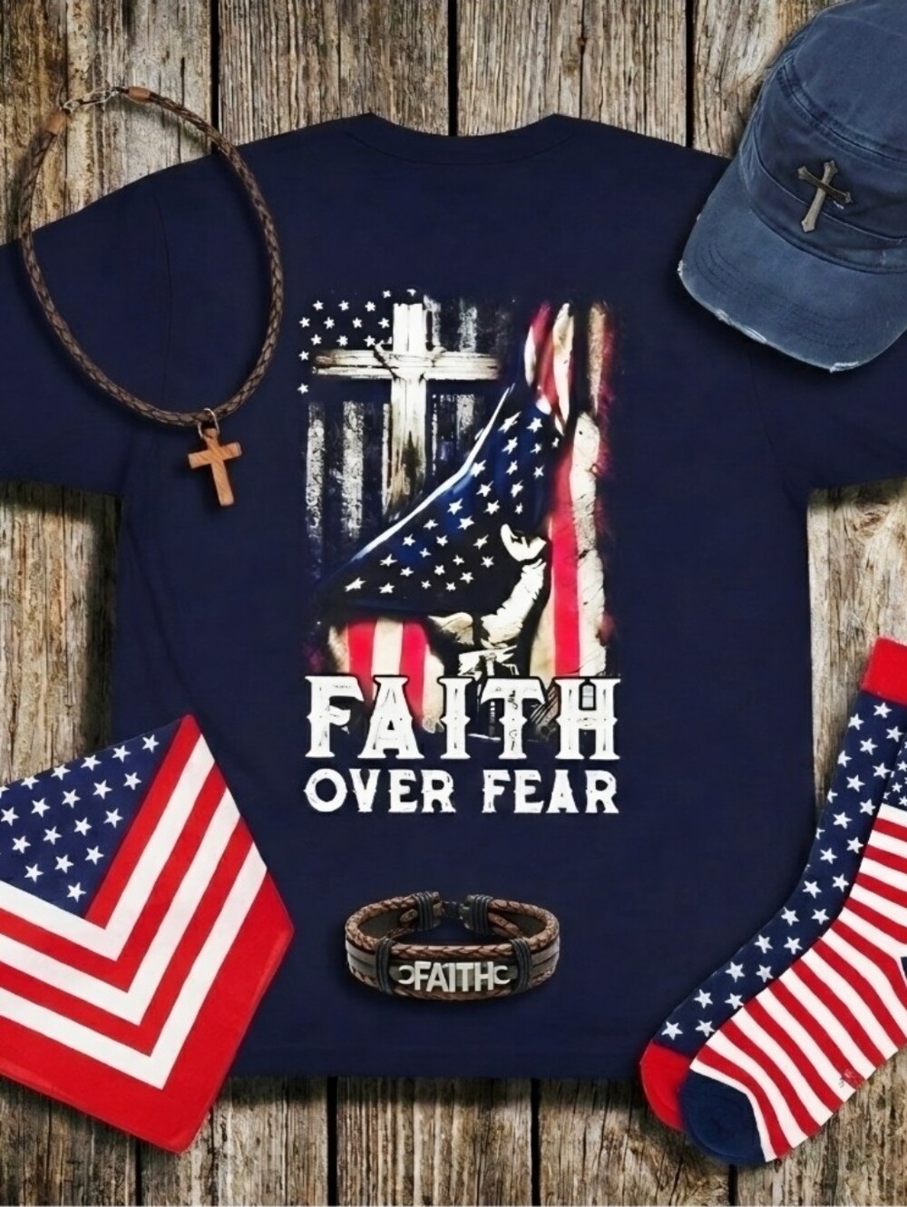 Faith Over Fear Christian Patriotic Tee • American Flag Cross Shirt • - Picture 14 of 15